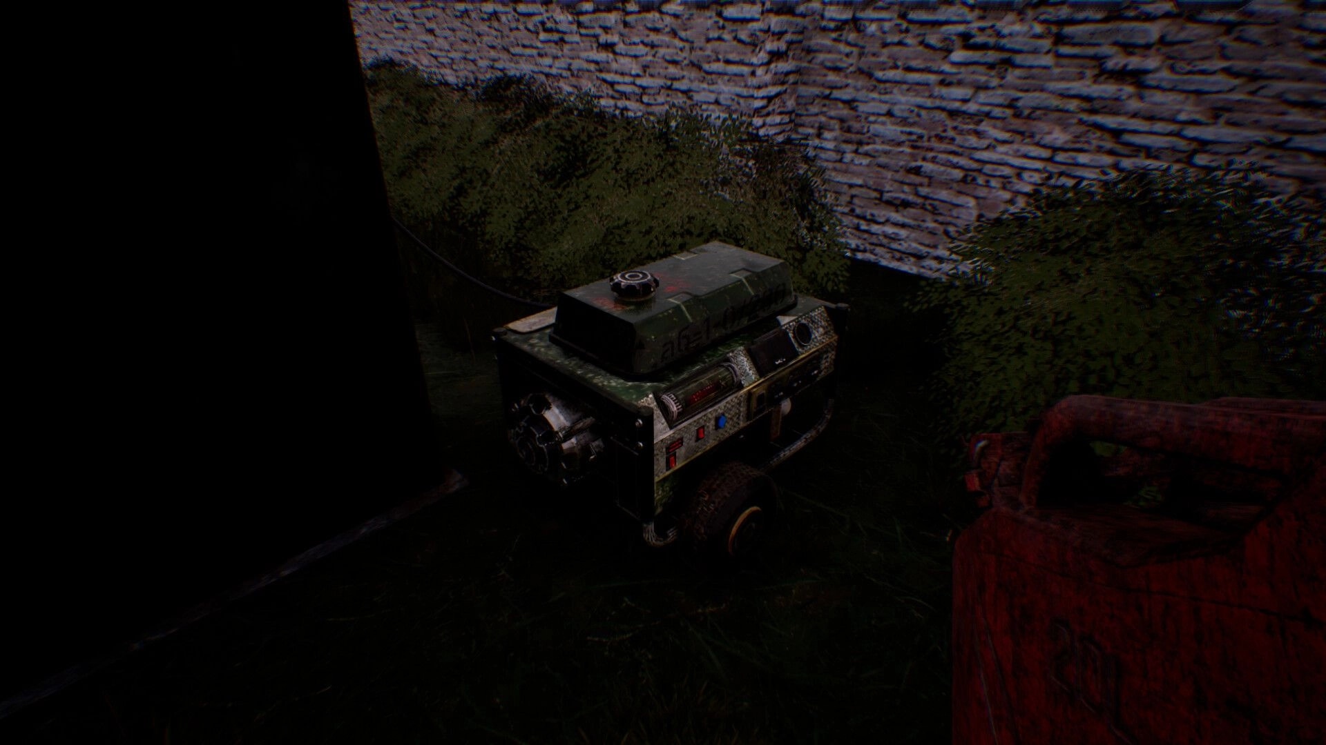 Change: Close-up of a portable generator with control panel beside a brick wall and bushes at night.