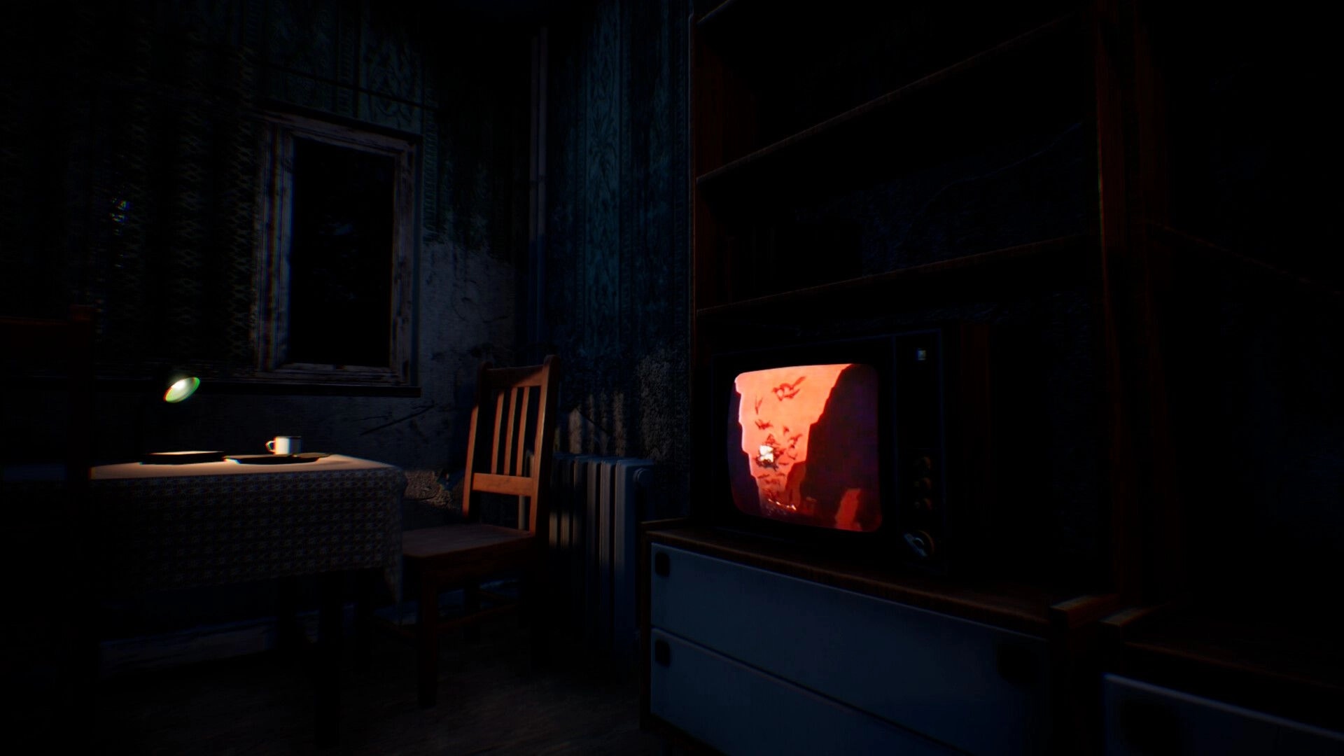 Change: Dim apartment room with table lamp, chair, and CRT TV glowing beside a window at night.