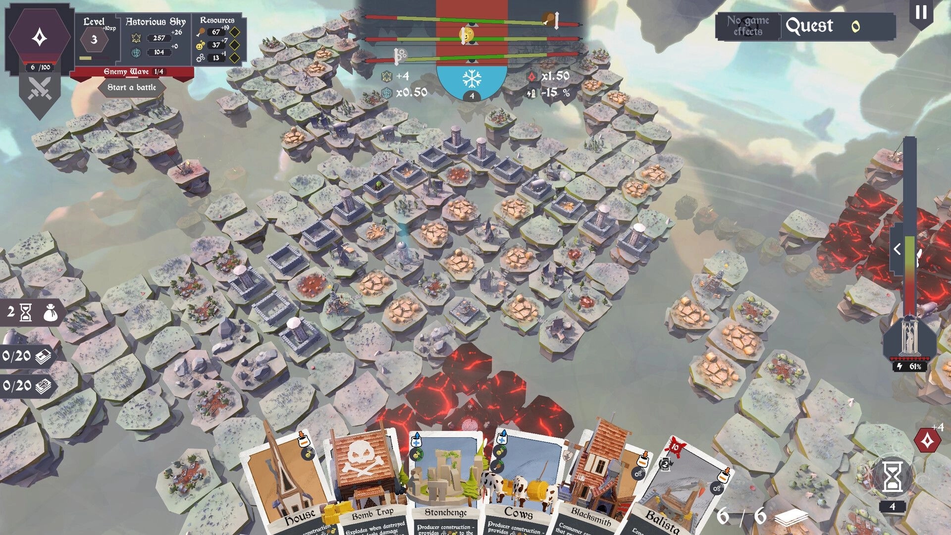 Chaos Islands: Island map overview with building cards and Start a battle UI on floating hex tiles.