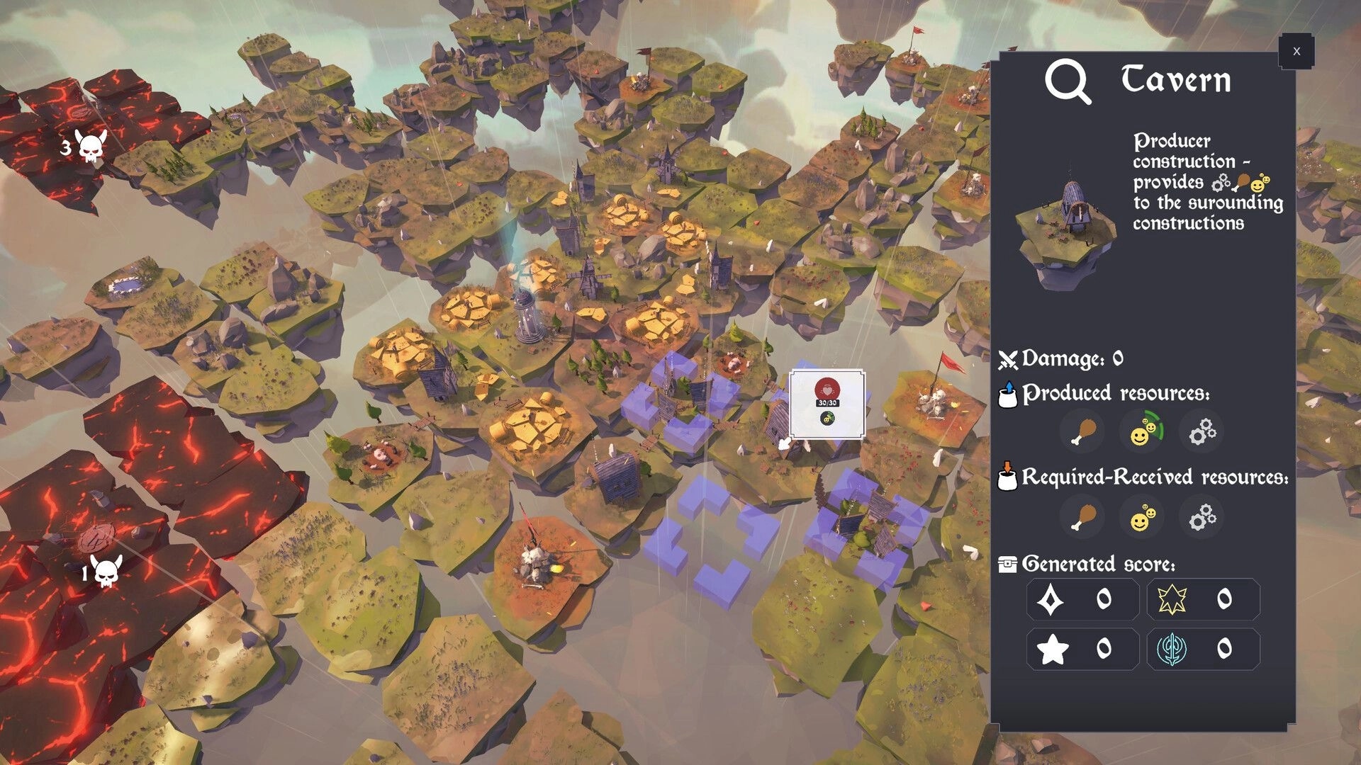 Chaos Islands: Building info panel for Tavern over floating island village with farms, towers, rain and lava tiles.