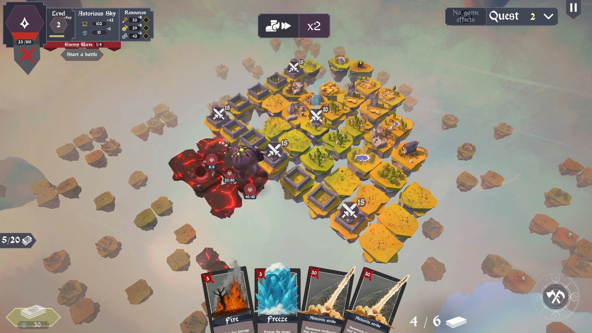 Chaos Islands: Hex island map with towers and lava enemy zone, battle prompt and spell cards UI.