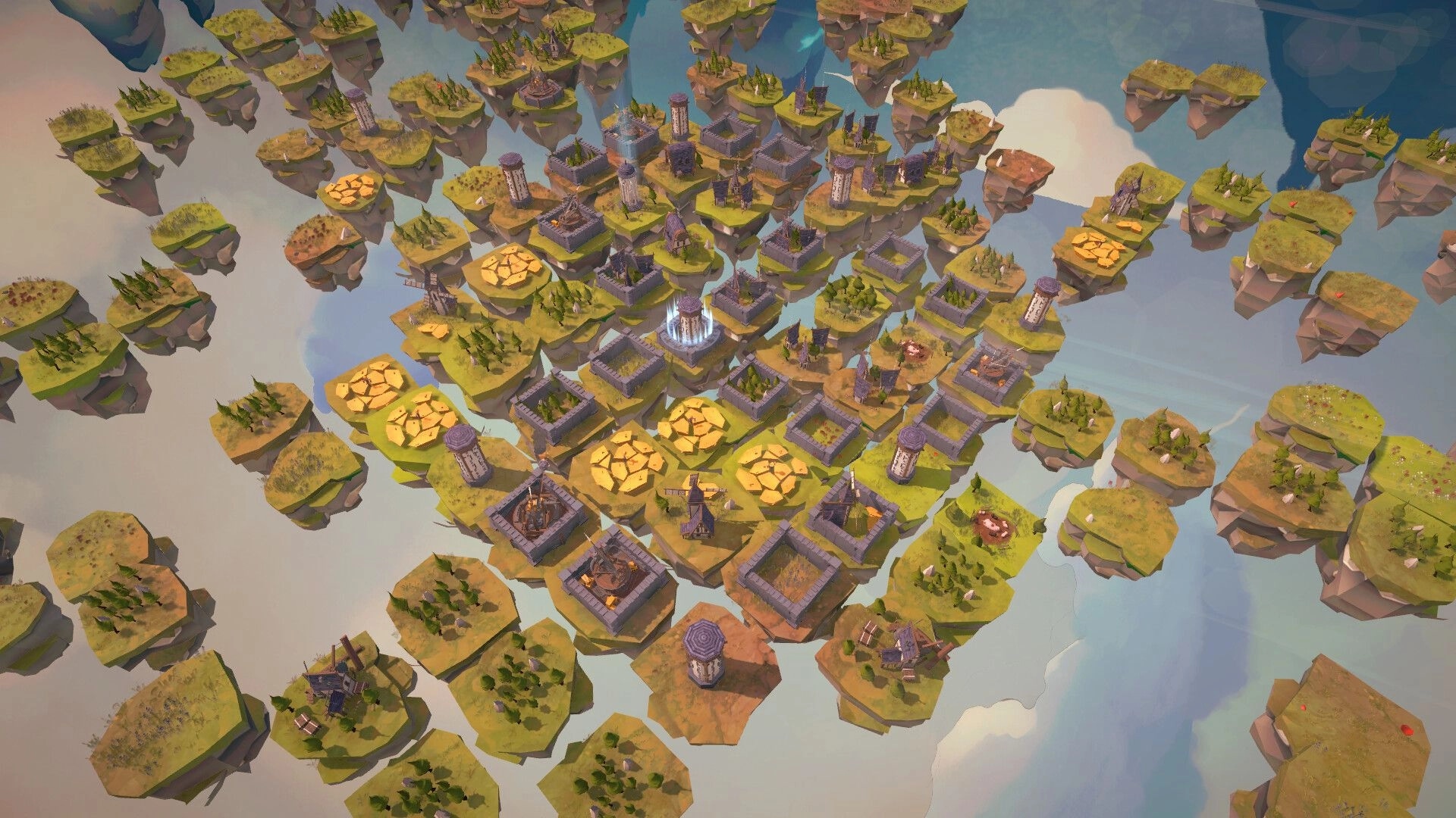 Chaos Islands: Overhead settlement layout with towers and walls across floating grassy islands in clouds.