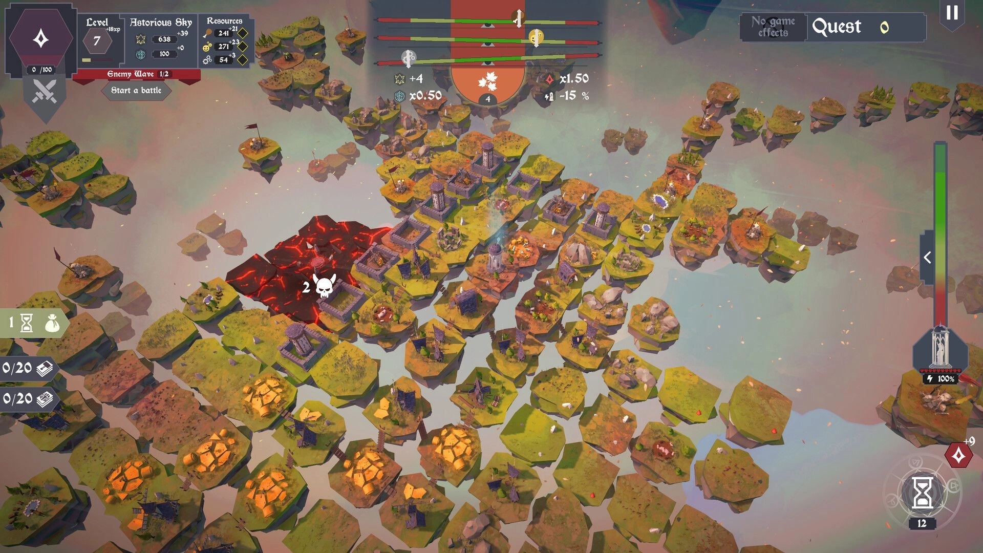 Chaos Islands: Settlement map with towers and a lava demon zone, enemy wave UI over floating islands.