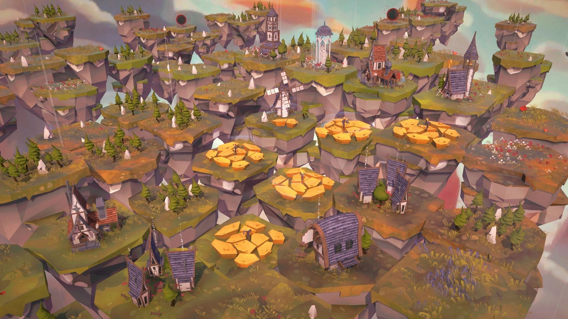 Chaos Islands: Floating island settlement with windmills and houses amid cliffs and glowing portals in sky.