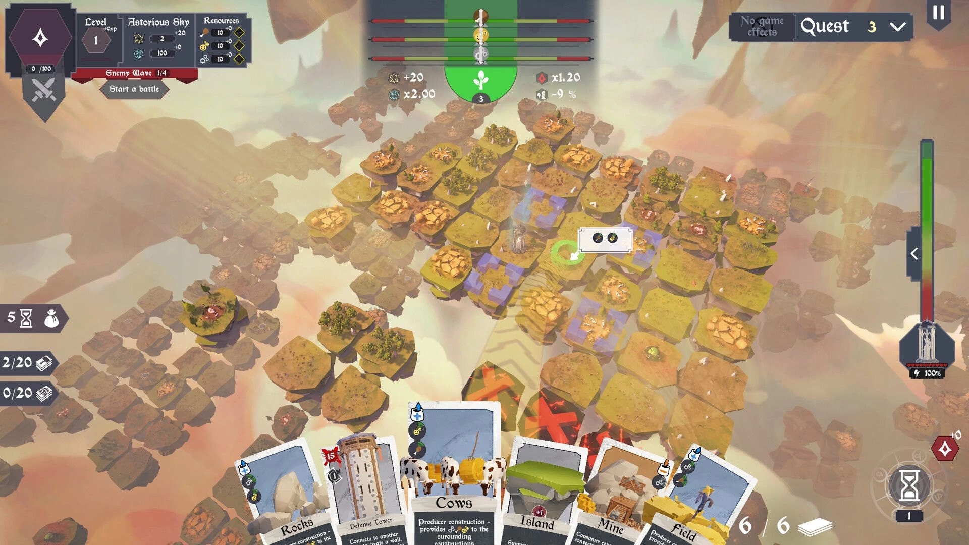 Chaos Islands: Hex island map with resource UI and card hand, start battle prompt over floating skylands.