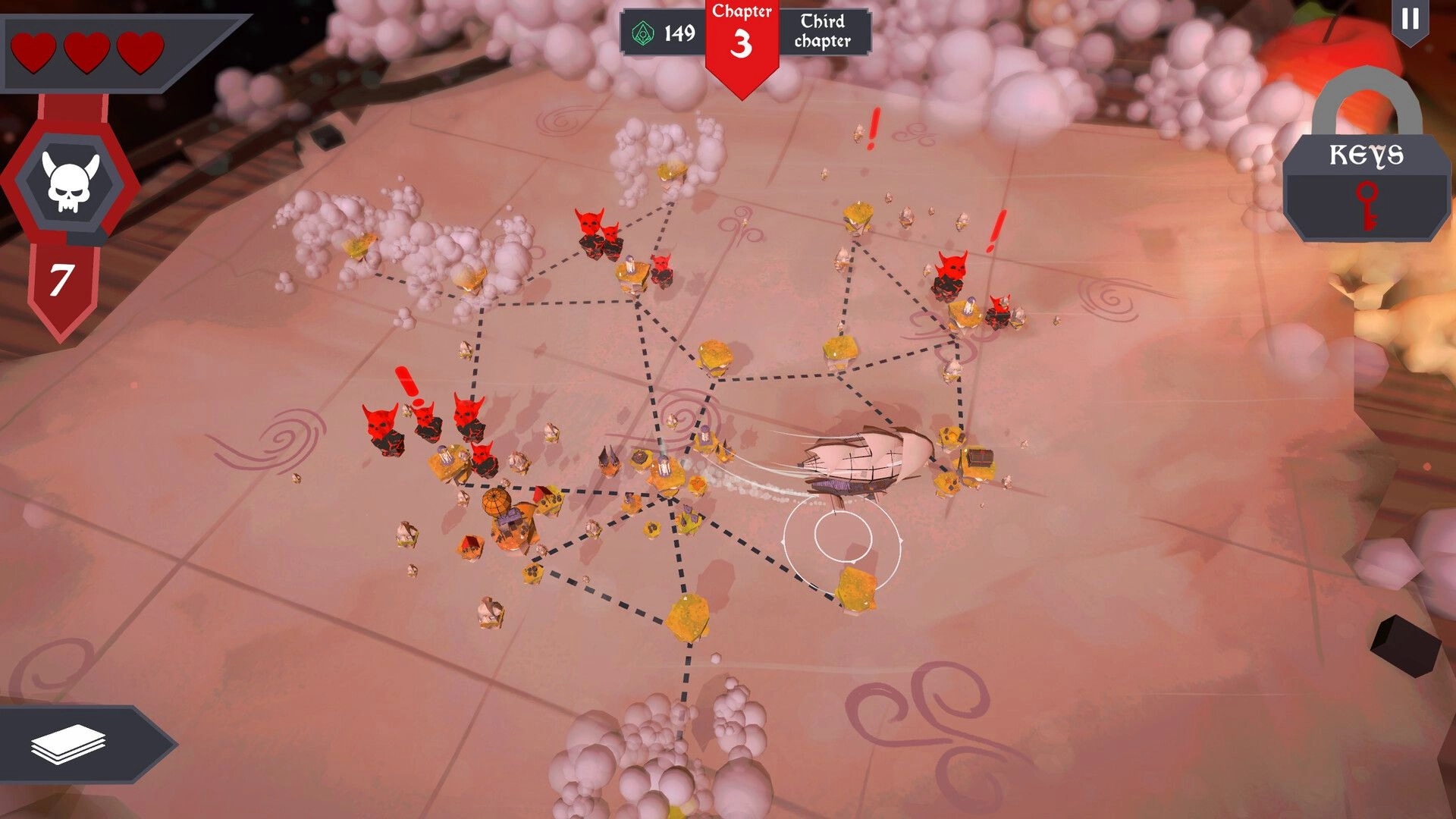 Chaos Islands: Map view with dotted routes, villages and red demon icons on a cloudy sky island map.