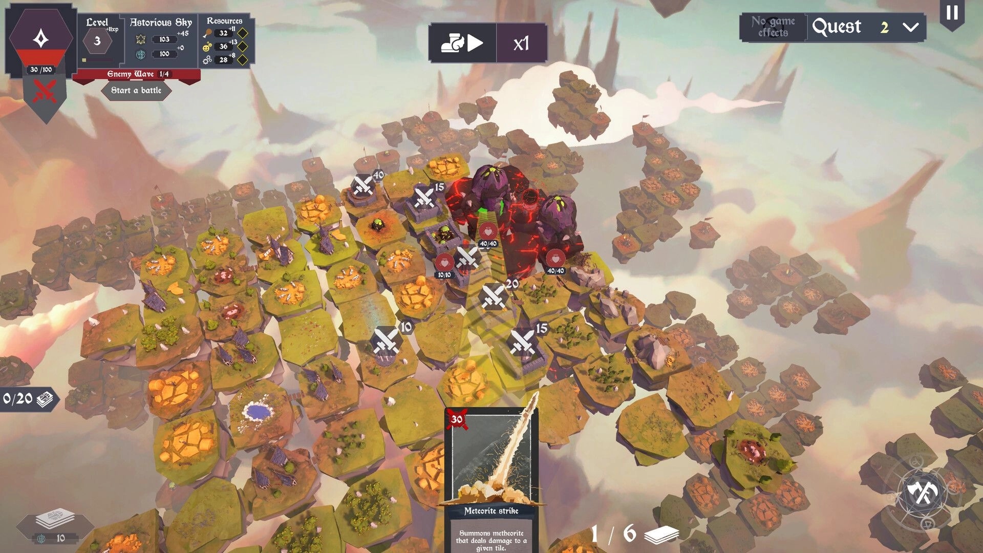 Chaos Islands: Hex island map with towers and demon nests, Meteorite strike card ready in sky realm.