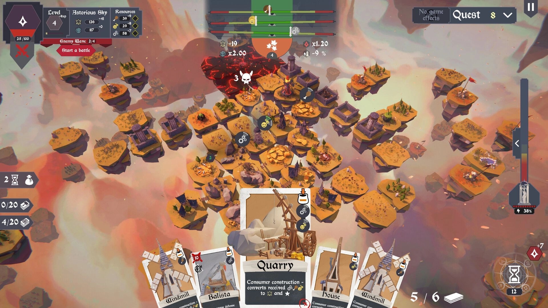 Chaos Islands: City overview with build cards and enemy wave UI over floating hex islands in clouds.