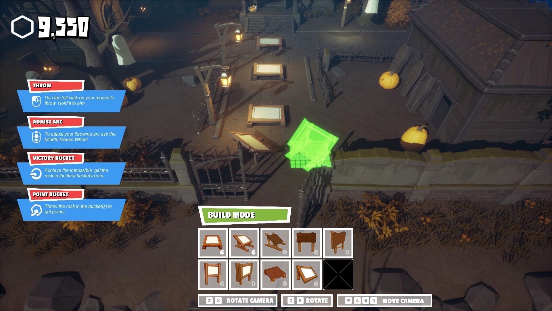 Chaos Rocks Halloween: Build mode interface with instructions, wooden structures, and pumpkins in courtyard