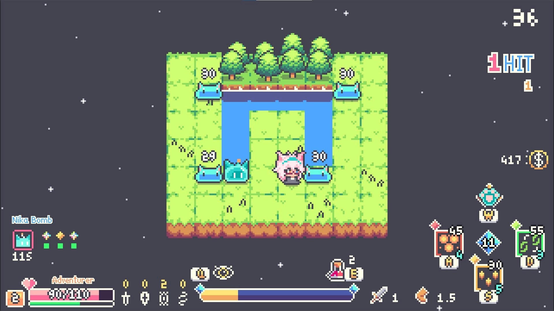 Chaos Rune: Adventurer dodges blue slimes on grassy river map with hit counter and skill icons UI.