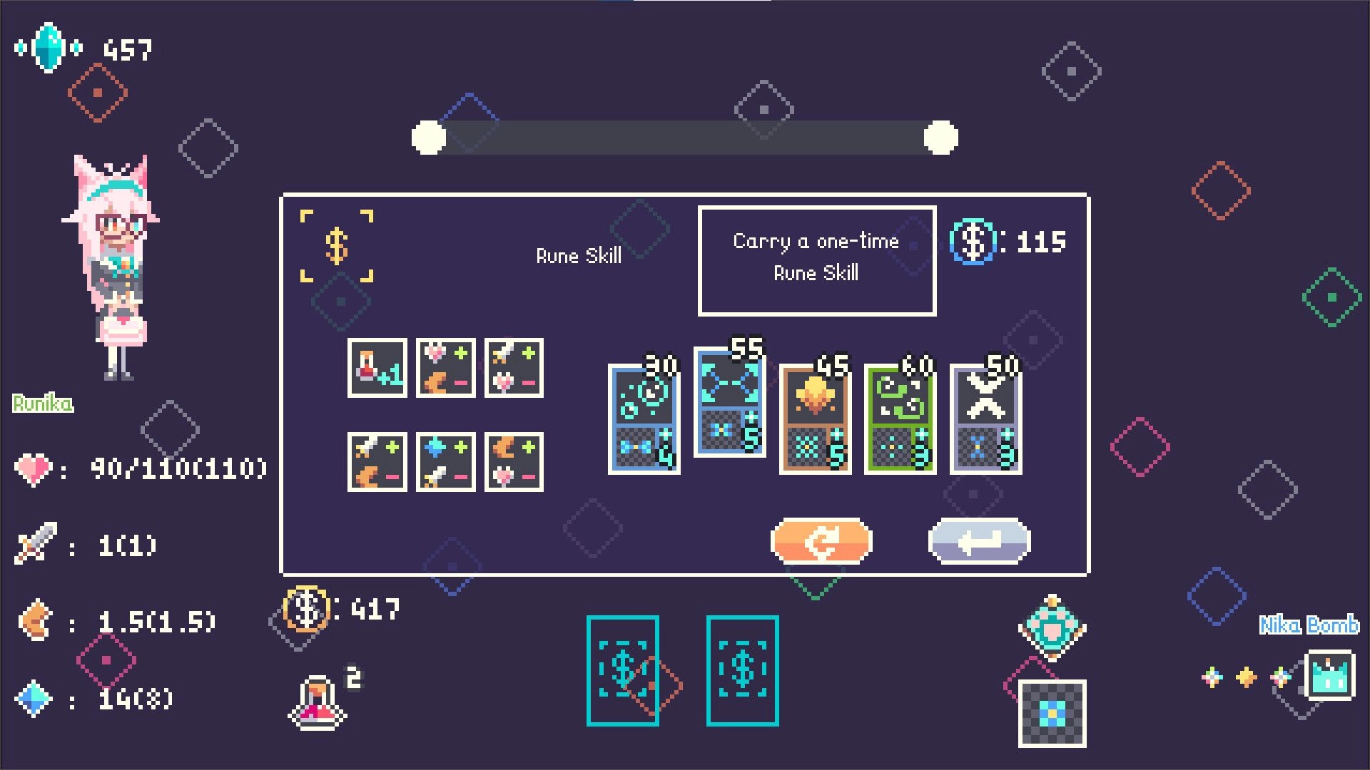 Chaos Rune: Runika browsing Rune Skill shop with card options and currency on a dark menu screen.