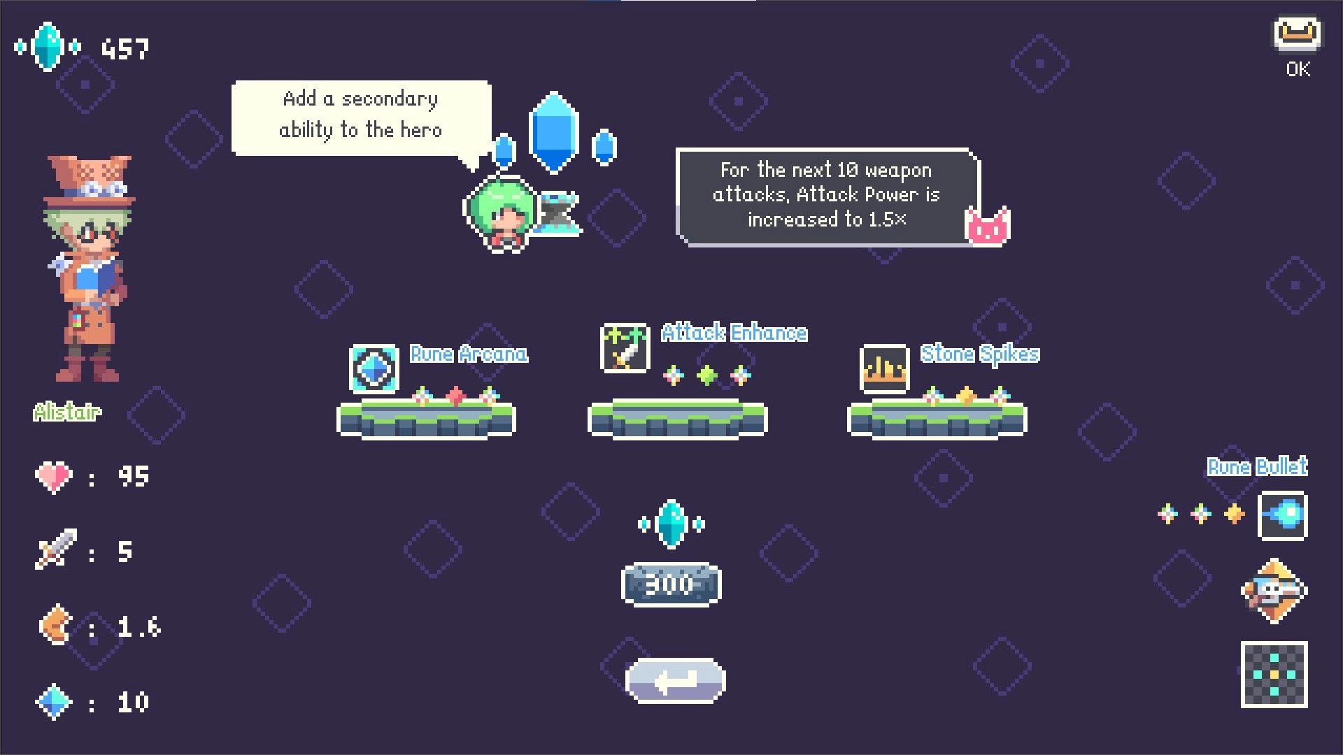 Chaos Rune: Alastair selects a secondary ability in upgrade menu with rune options and stats panel.