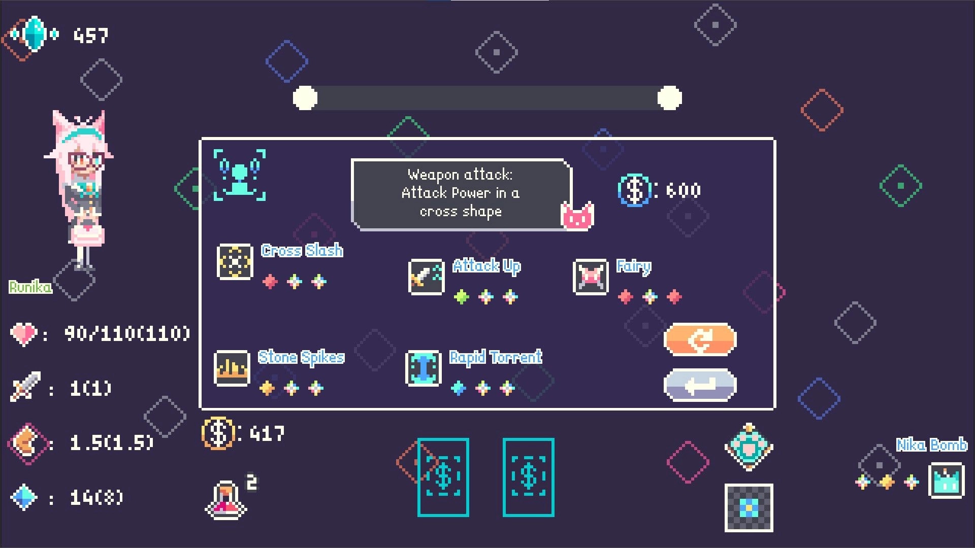 Chaos Rune: Runika browsing skill upgrade shop menu with Cross Slash and Attack Up options on dark grid.