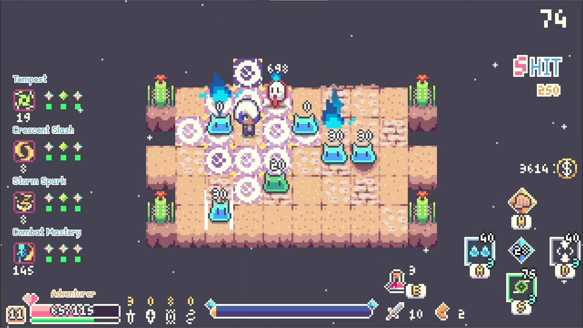 Chaos Rune: Adventurer battles slimes on a small tile arena with skill list, combo and timer UI.