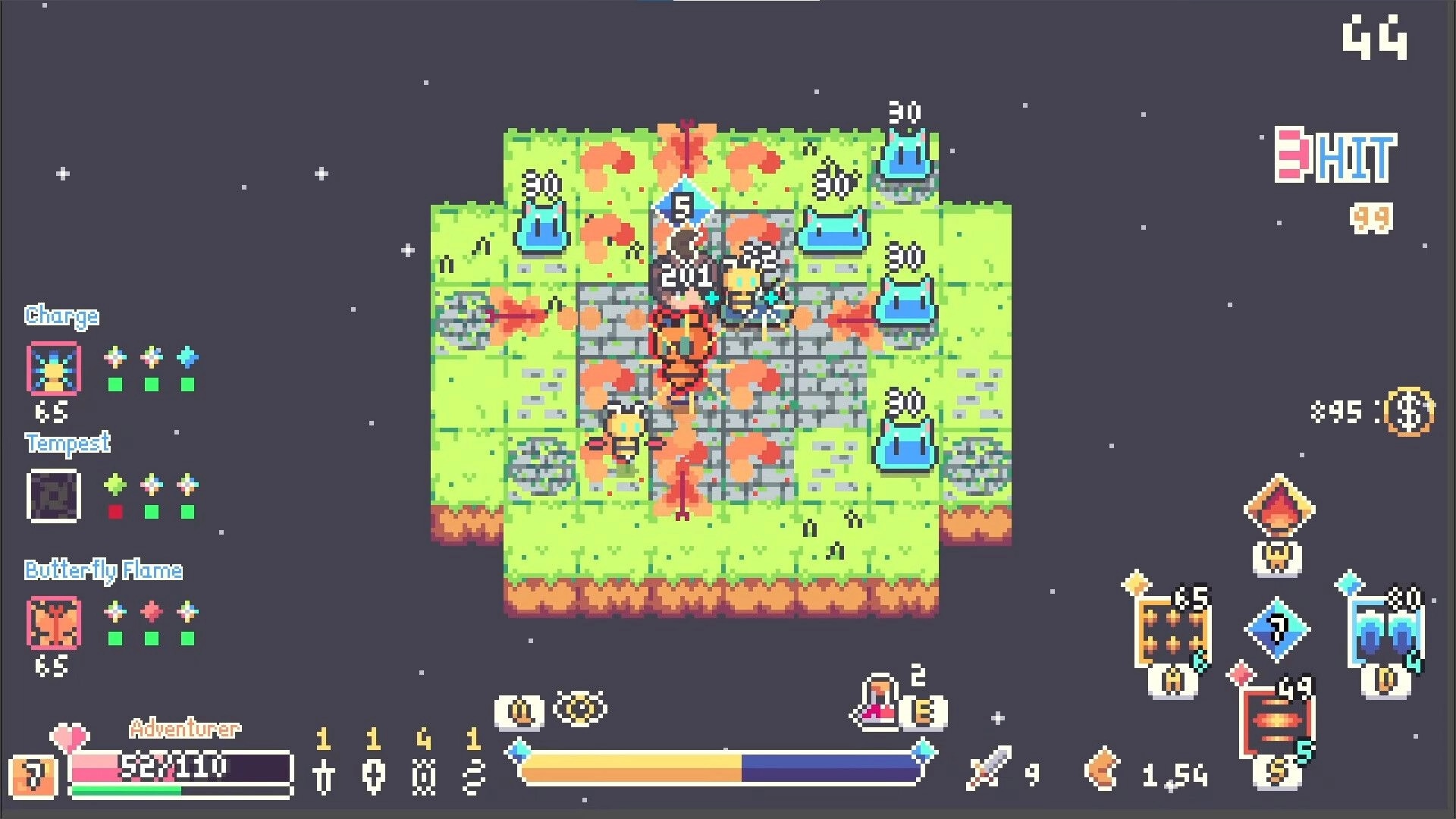 Chaos Rune: Adventurer battles blue slimes on a grassy tile grid with spell and stats UI panels.