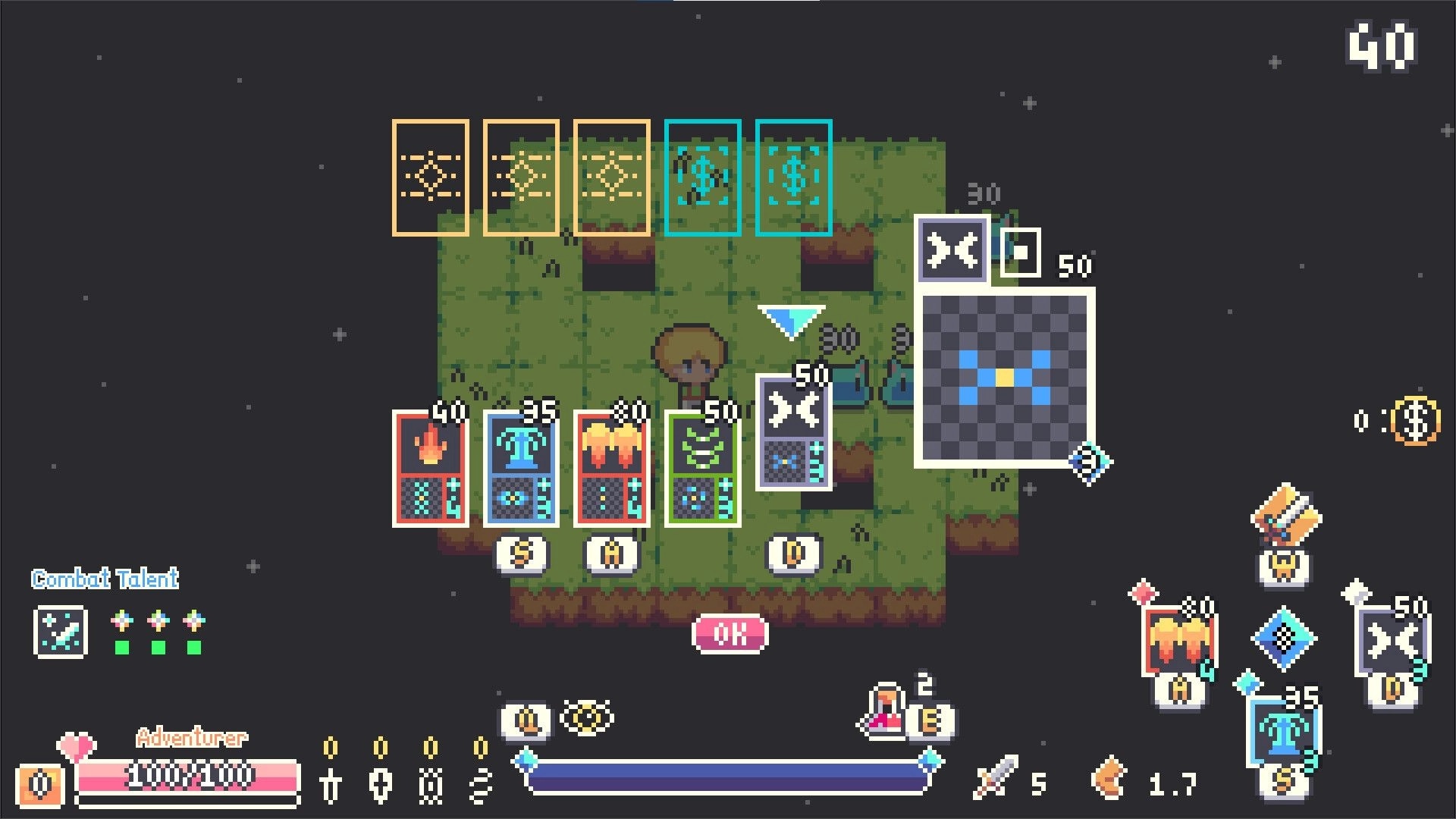 Chaos Rune: Card-based skill selection around a hero on a grassy tile map with combat talent UI.