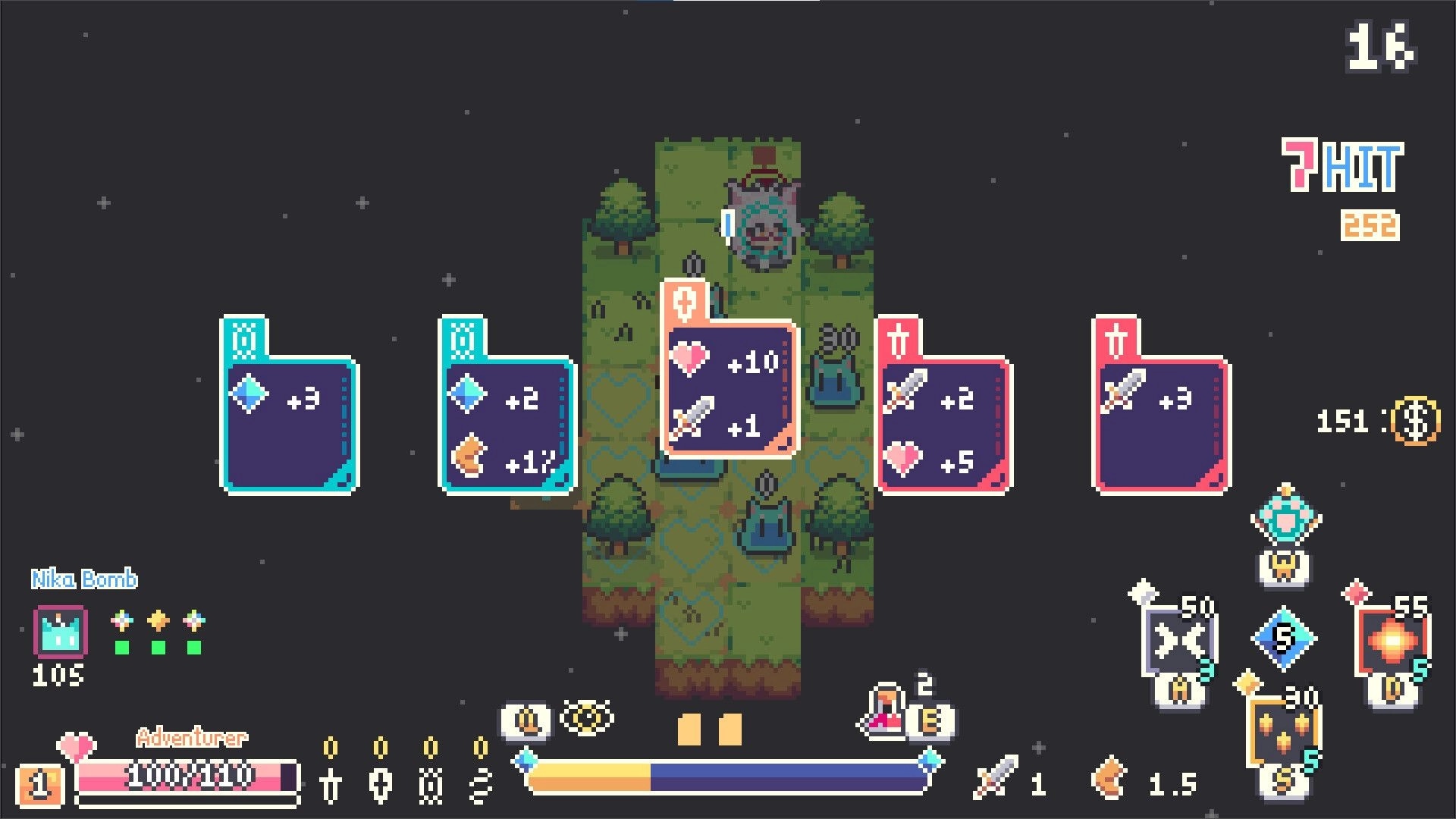 Chaos Rune: Card reward selection with stat boosts over a small forest path arena and HUD stats.