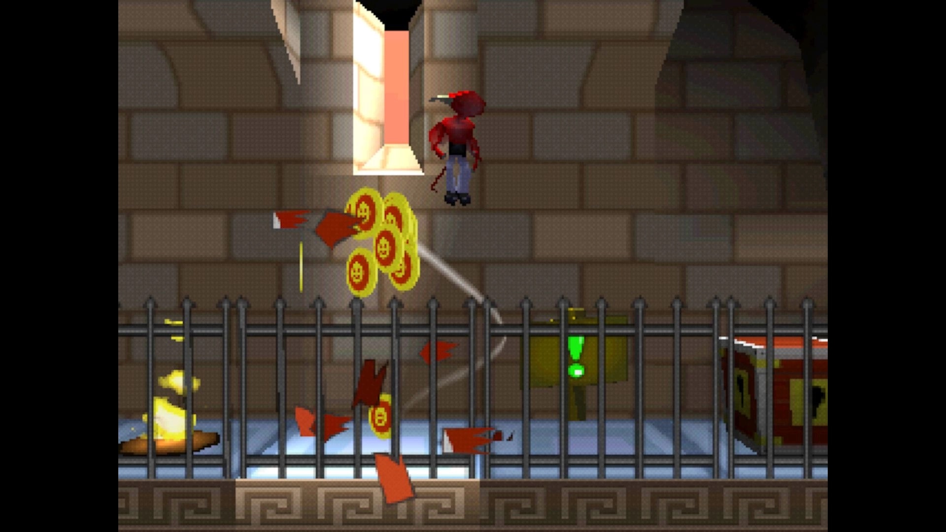 Chaos The Devil: Red imp jumps by stone wall, coins and arrows above fenced corridor with crate and sign.