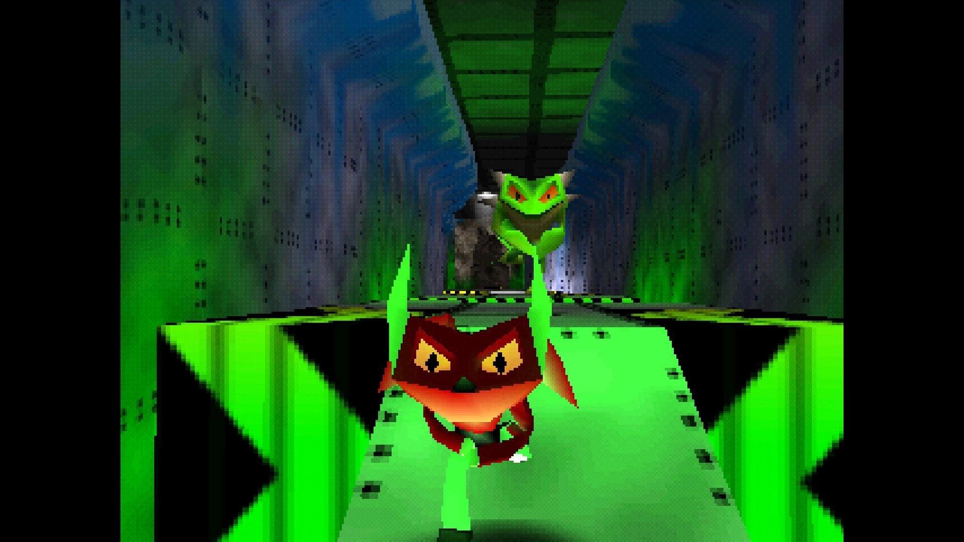 Chaos The Devil: Red creature runs on neon green platform as a horned enemy looms in metal tunnel.