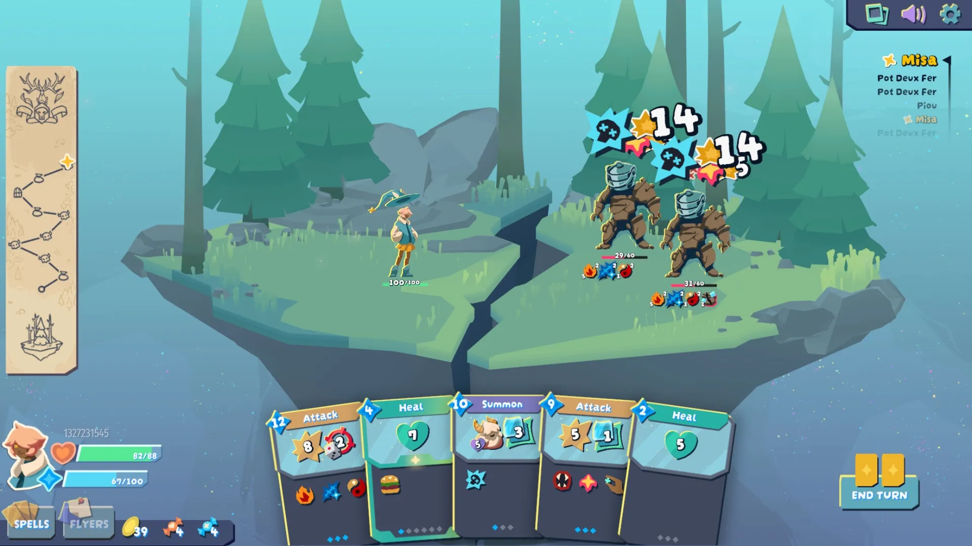 Chaperon: Player character facing two armored enemies on floating islands with spell cards displayed