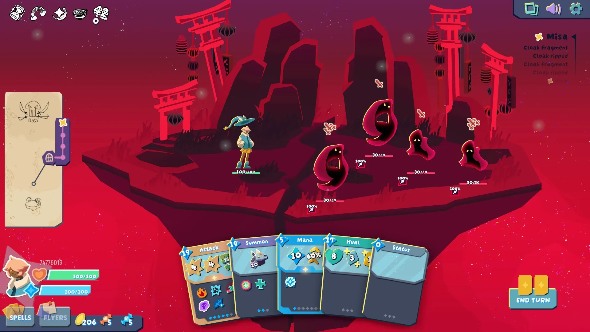 Chaperon: Player character confronts multiple red enemies on a floating island with cards displayed below.