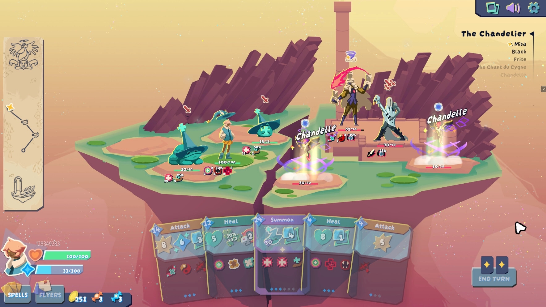 Chaperon: Players engage in strategic combat on a floating island with spells and characters displayed.