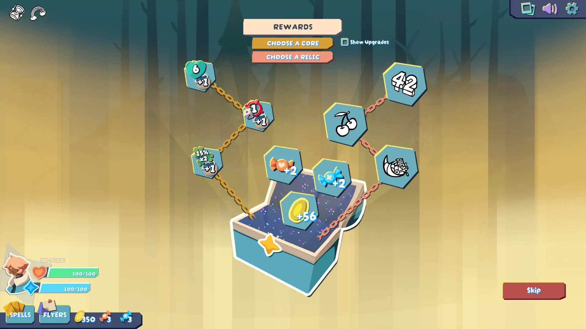 Chaperon: Reward selection screen with various upgrade icons linked in chains and treasure chest open