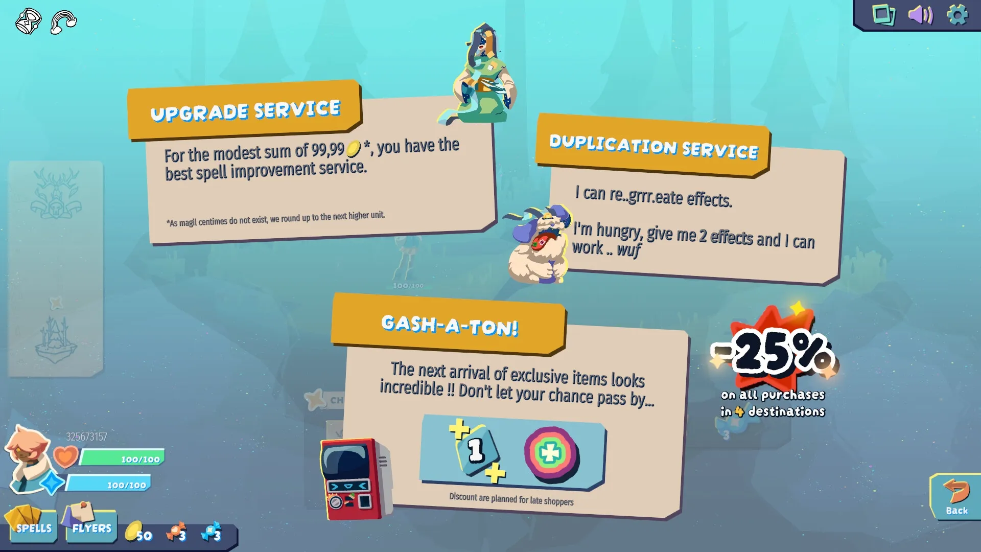Chaperon: Upgrade and duplication services offered in vibrant spell shop with character icons visible.