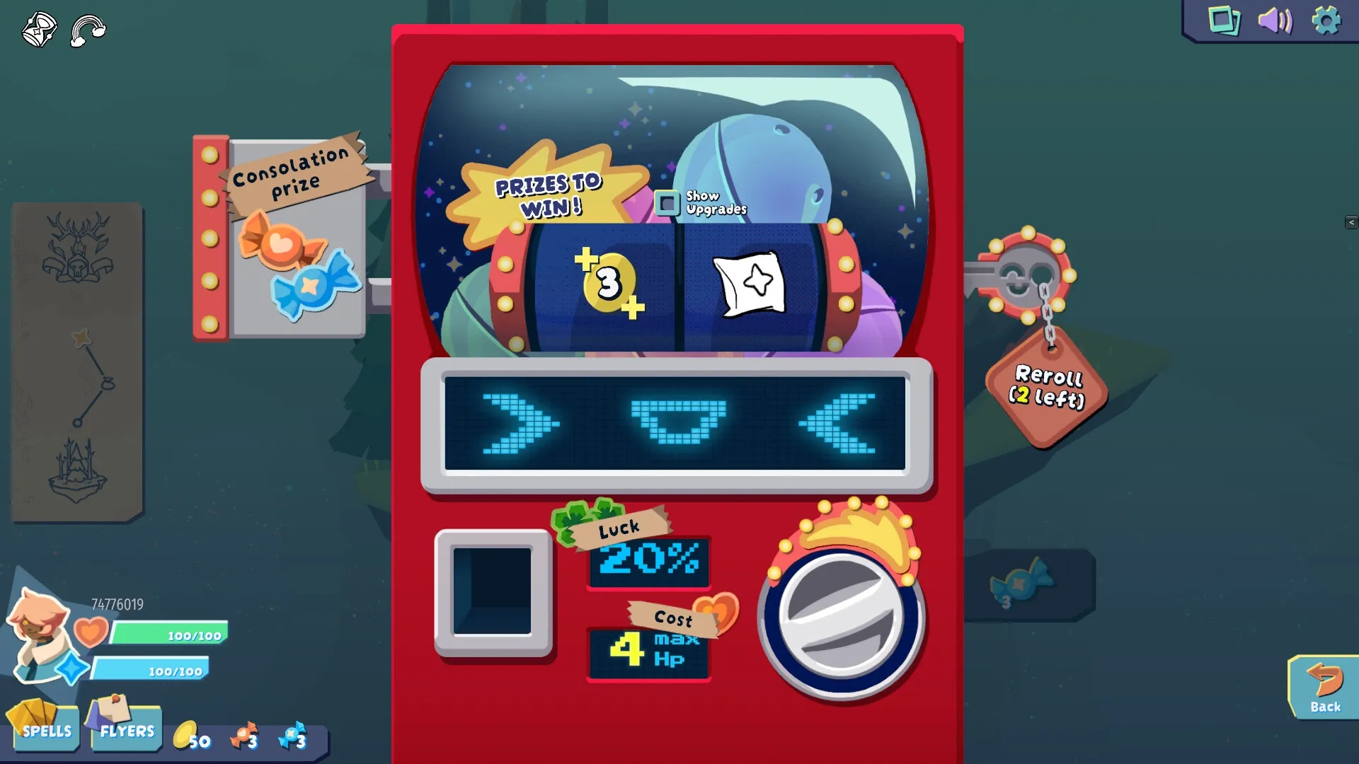 Chaperon: Prize machine interface with luck and cost stats, reroll option, and player health display.