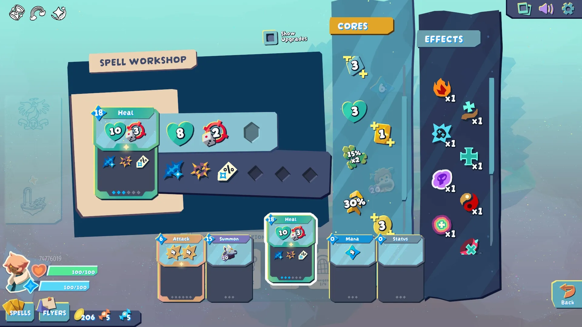 Chaperon: Spell workshop interface with heal spell details and cores and effects panels on the right