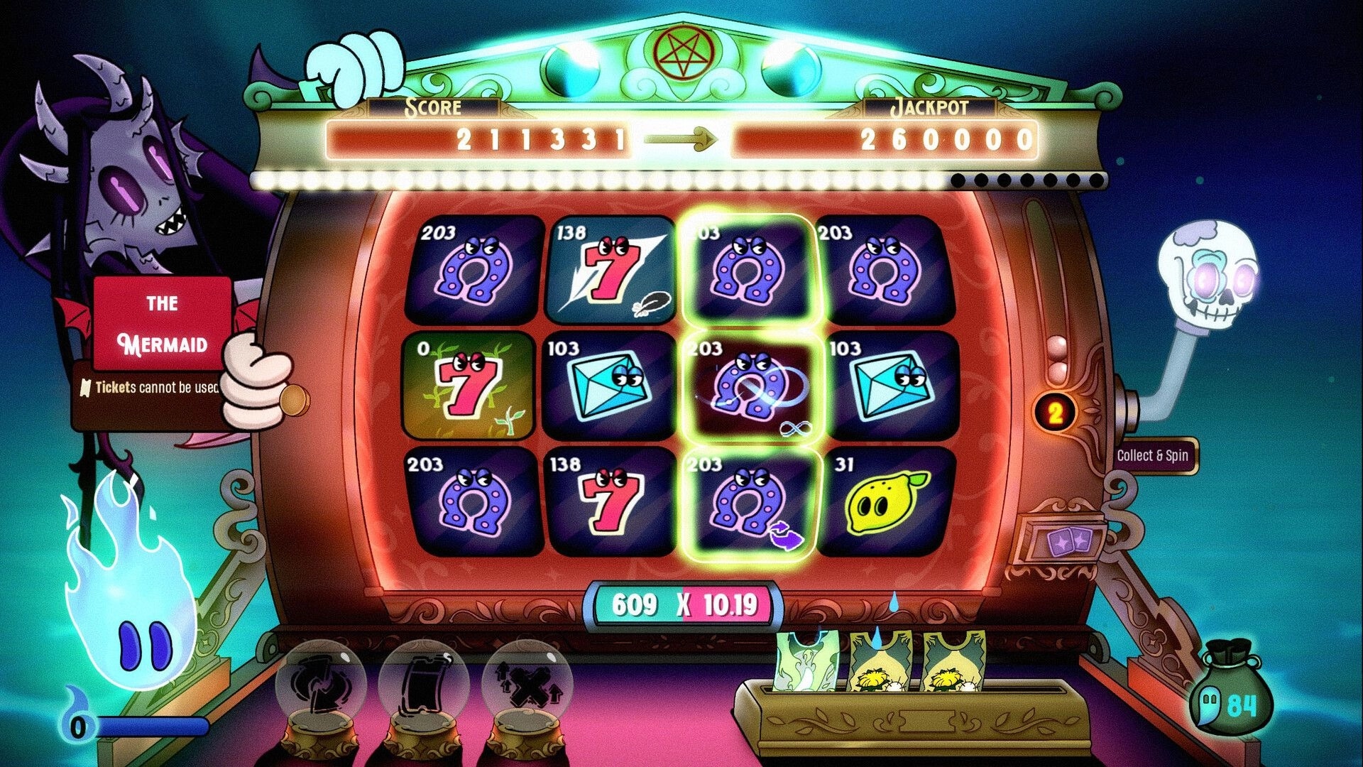 Charlatan: Slot machine reels with glowing matches, score and jackpot bars, and Mermaid card UI.