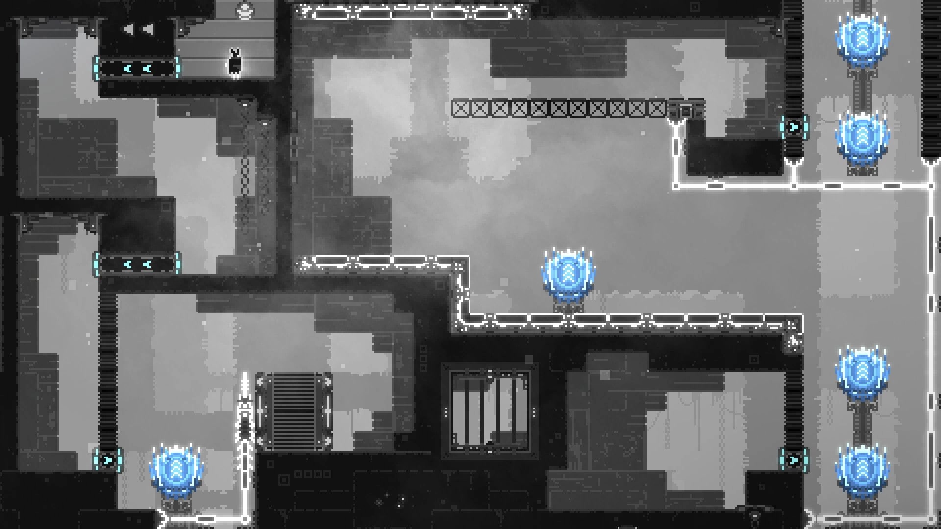 CHASM SHIFT: Player character navigating a puzzle dungeon with blue energy portals and moving platforms.