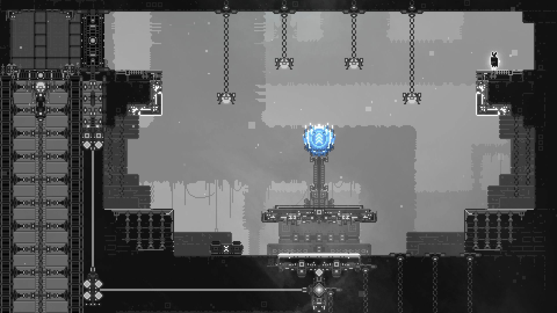 CHASM SHIFT: Player navigates a dark dungeon with hanging chains and a glowing blue orb on a pedestal.