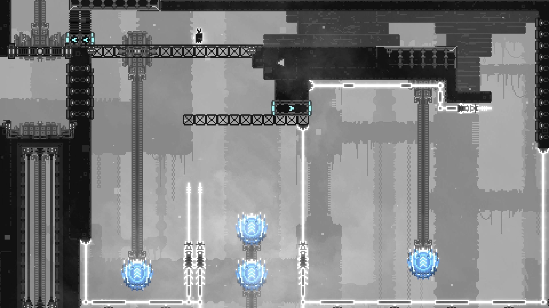 CHASM SHIFT: Character on platform navigating electric barriers and moving blue orbs in dark industrial maze.