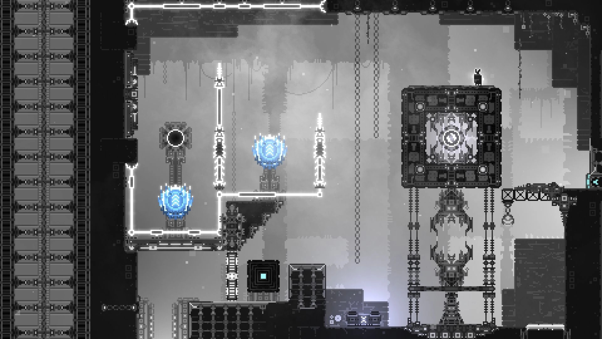 CHASM SHIFT: Player navigates puzzle room with glowing blue orbs and mechanical platforms in a dark dungeon.