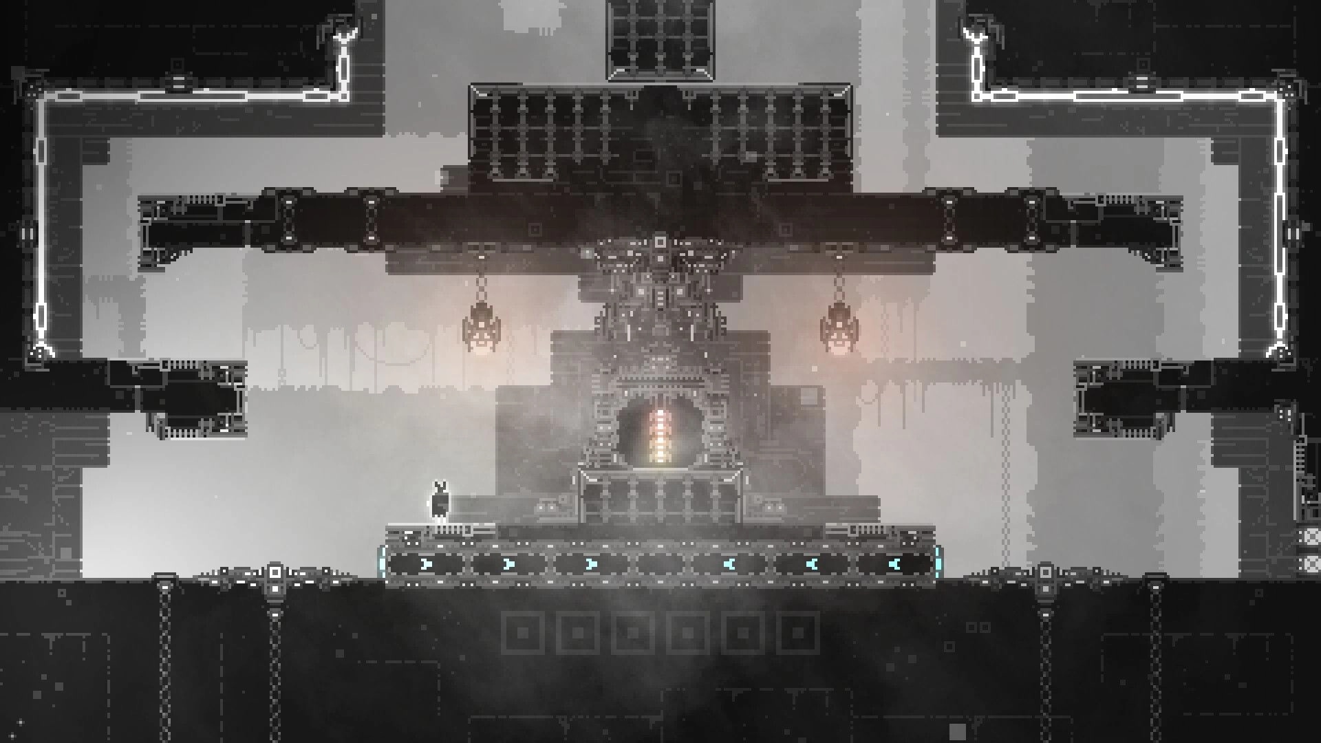 CHASM SHIFT: Lone character stands before a large, illuminated gate in a dimly lit, intricate dungeon setting.