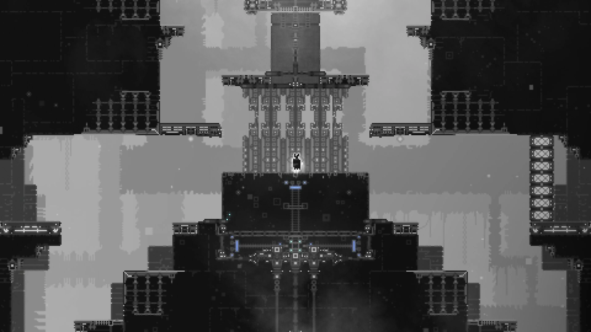 CHASM SHIFT: Lone character stands on platform in pixelated dungeon with towering structures and ladders