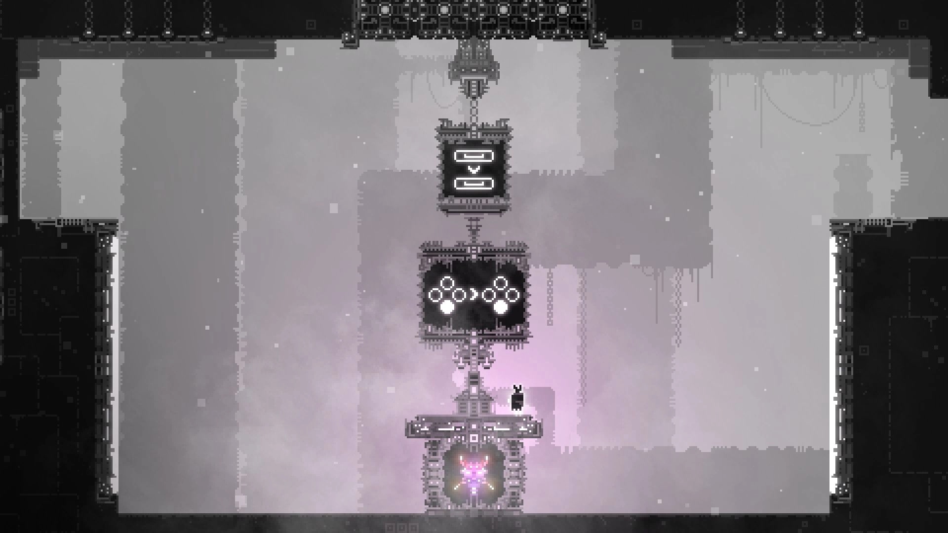 CHASM SHIFT: Player character navigates vertically through misty pixelated maze with glowing symbols