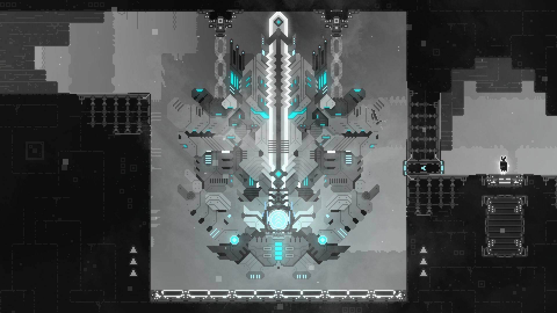 CHASM SHIFT: Player stands before a massive mechanical structure in a dark, intricate puzzle dungeon.