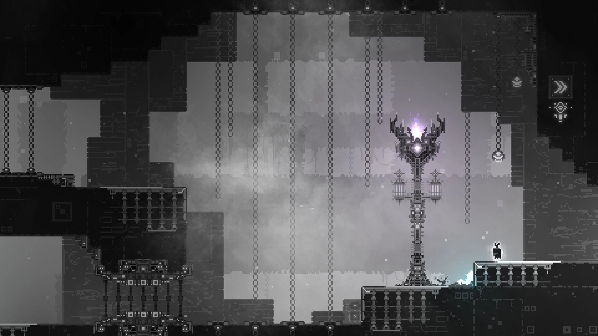 CHASM SHIFT: Tiny character stands on ledge beside glowing ornate tower in foggy, chain-filled dungeon.