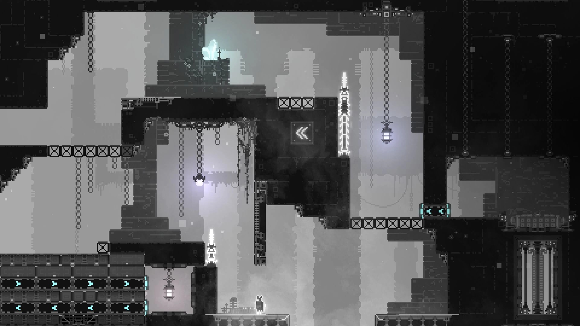 CHASM SHIFT: Player navigates dark, intricate platform maze with glowing lights and moving platforms.