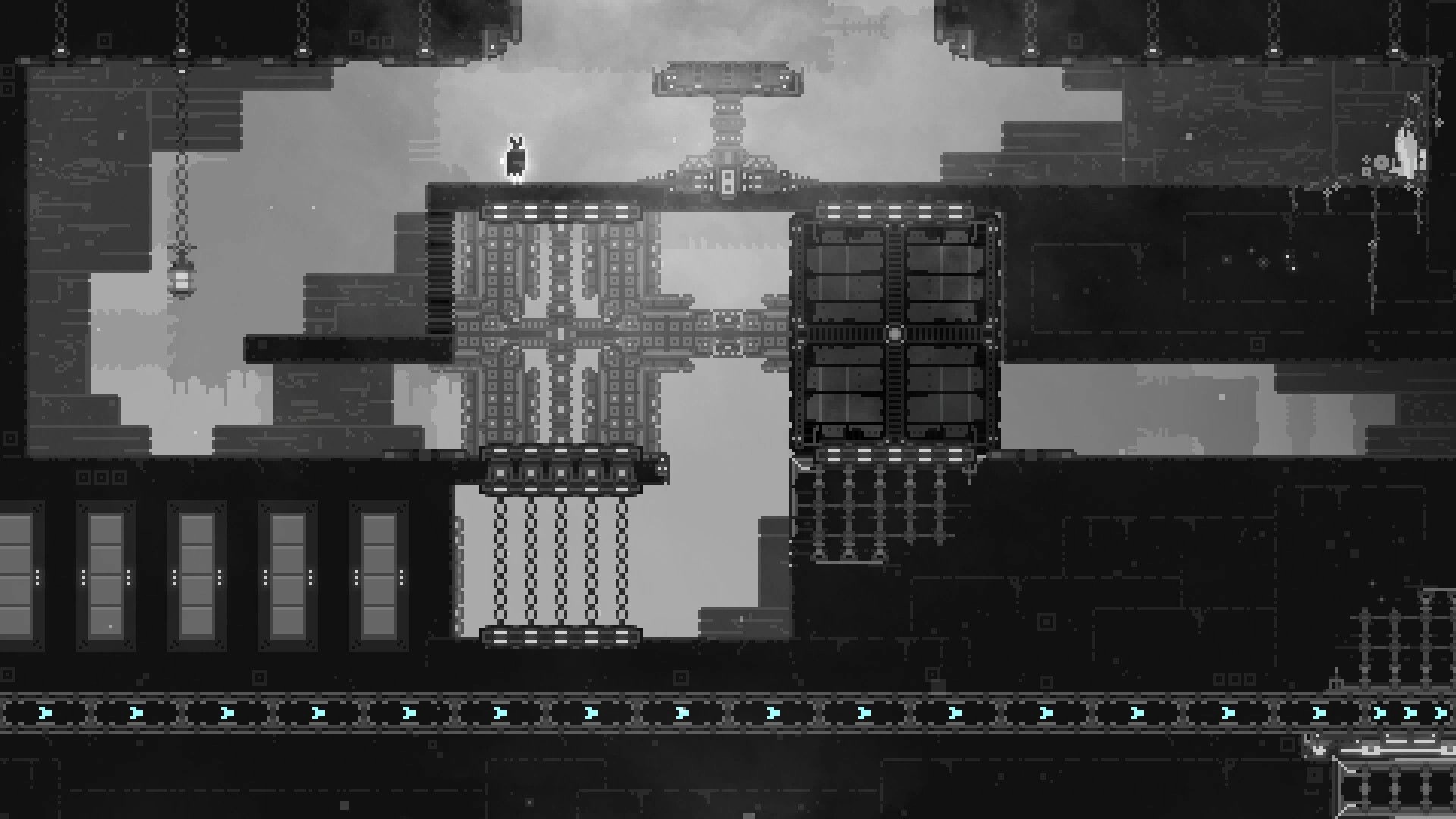 CHASM SHIFT: Character stands on platform surrounded by complex machinery in a dark, industrial dungeon.