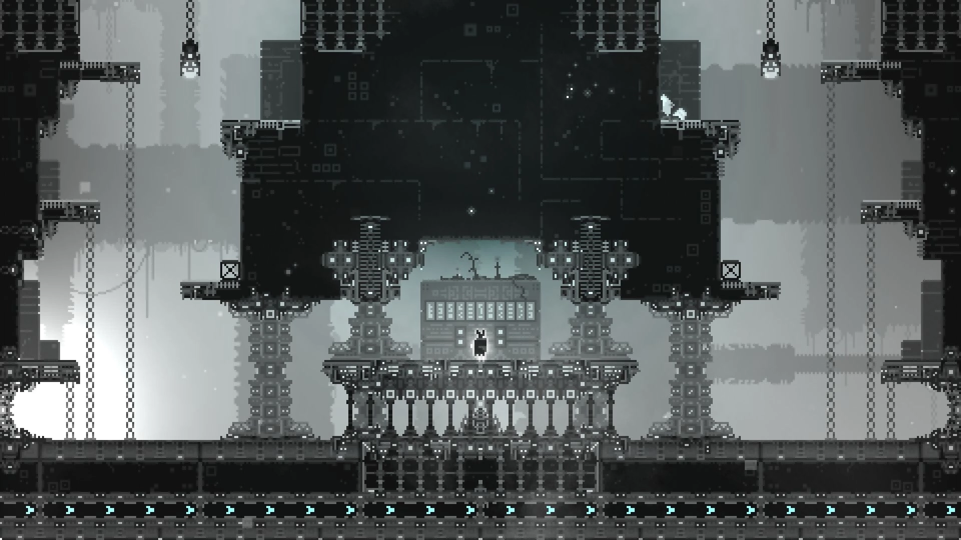 CHASM SHIFT: Player stands on platform with control panel in dark, pixelated dungeon environment.
