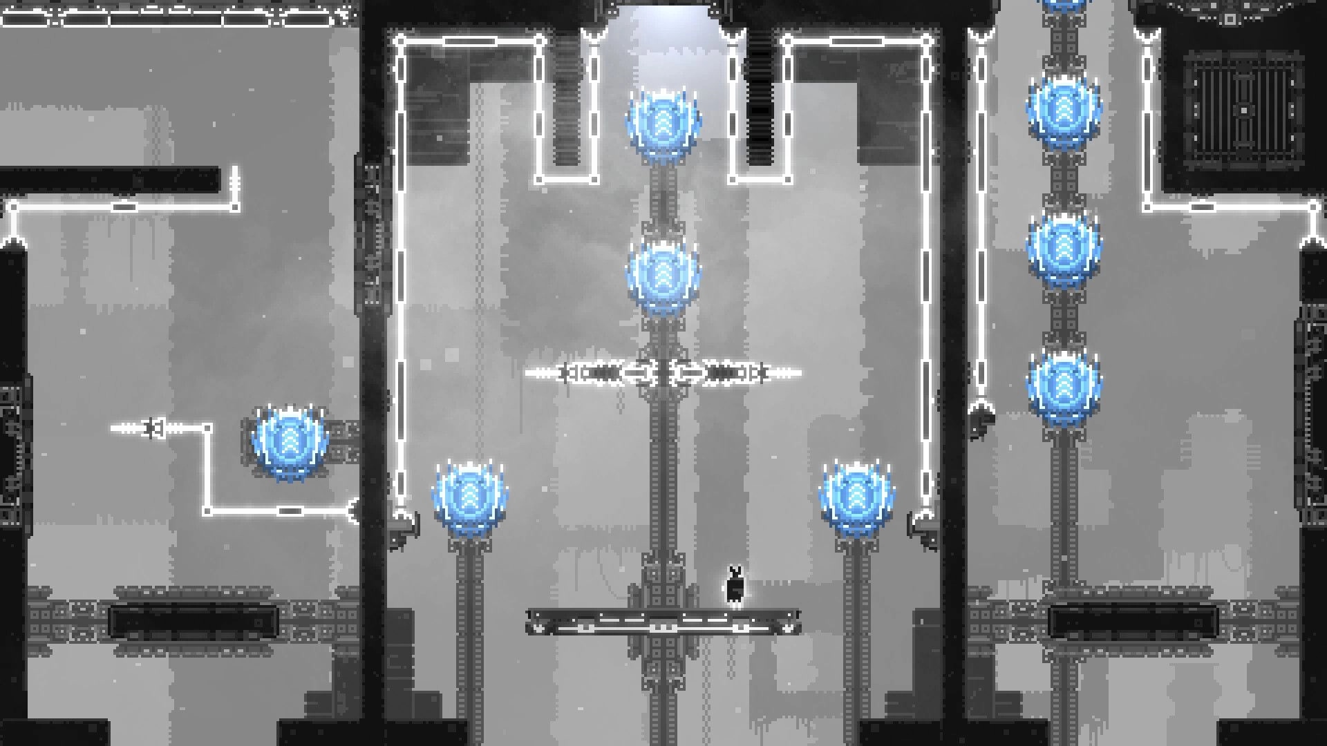 CHASM SHIFT: Player navigates intricate platform with glowing blue orbs in a monochrome puzzle dungeon.