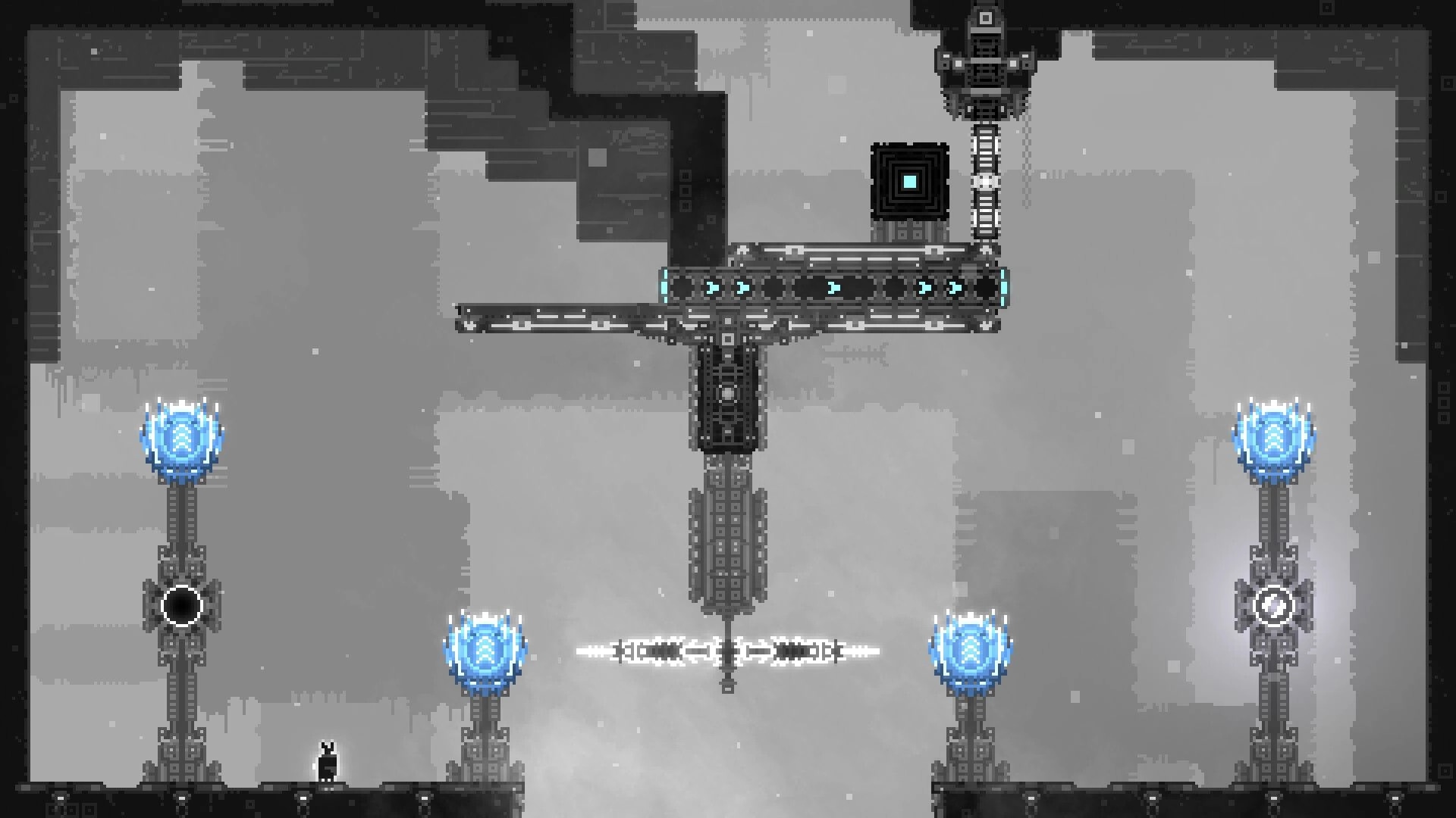 CHASM SHIFT: Player navigates intricate platforming puzzle with glowing blue orbs in a pixelated dungeon.