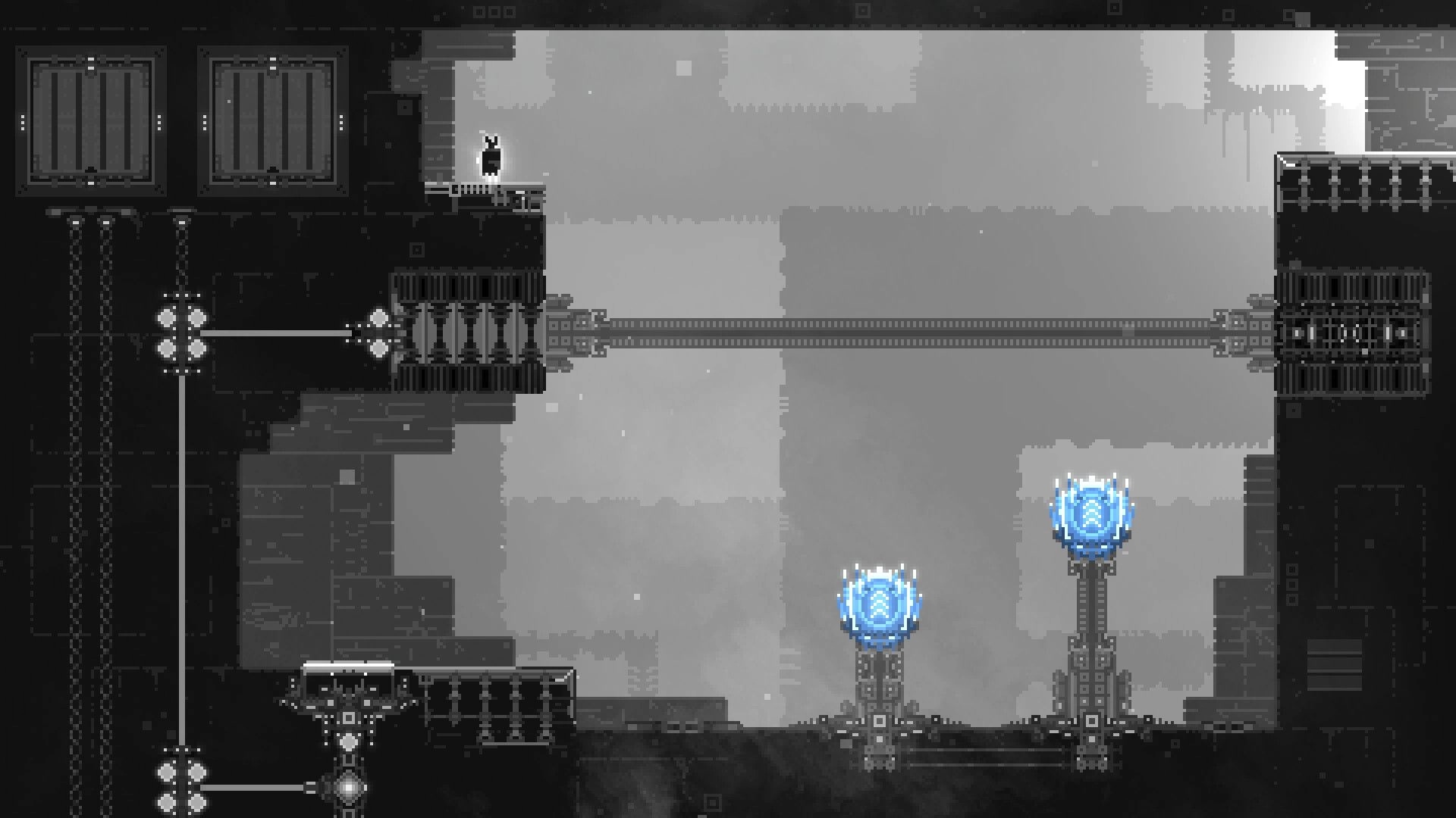 CHASM SHIFT: Player stands on platform above glowing blue orbs in a dark, mechanical dungeon setting.