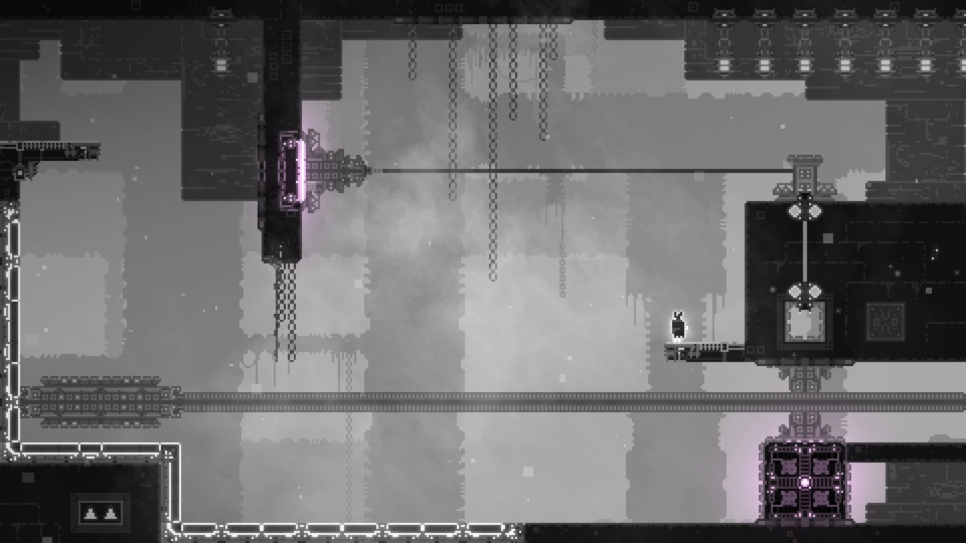 CHASM SHIFT: Character on ledge with glowing portal, surrounded by chains in dimly lit dungeon maze.