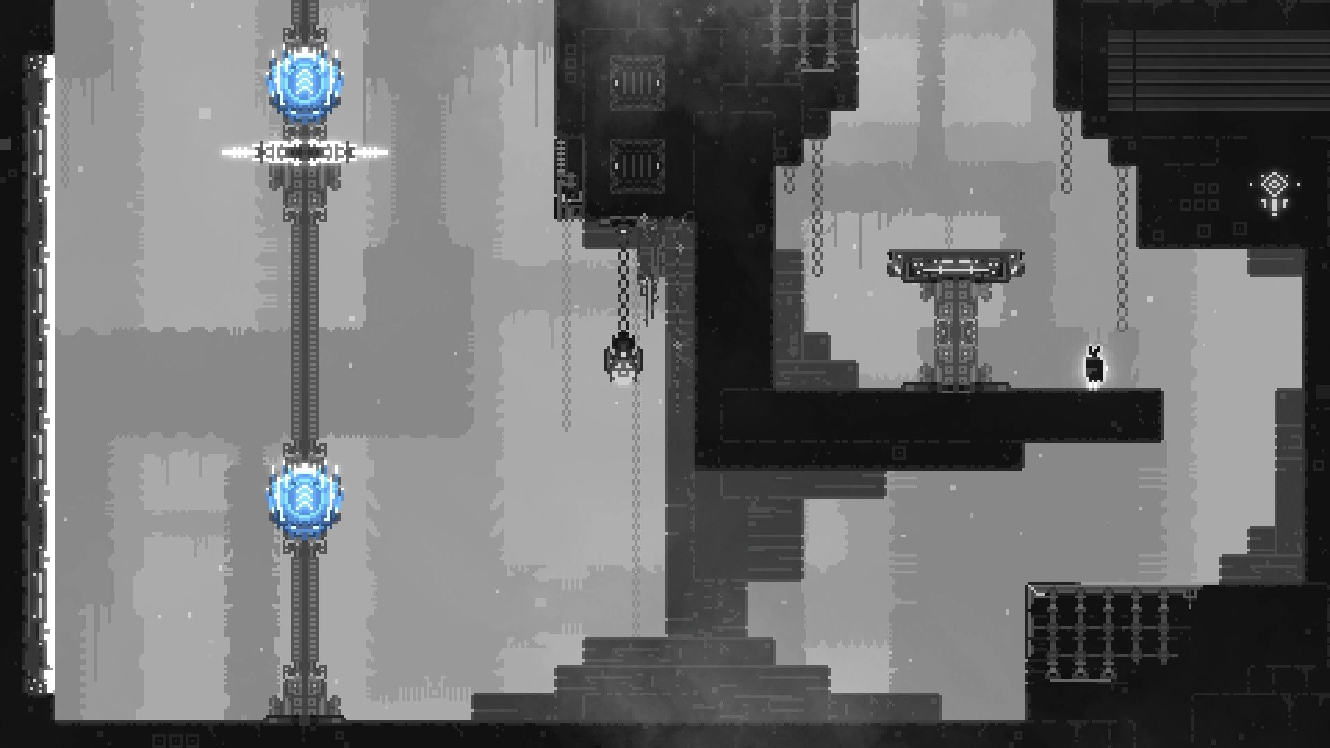 CHASM SHIFT: Character stands on a platform beside glowing blue orbs in a pixelated dungeon maze.