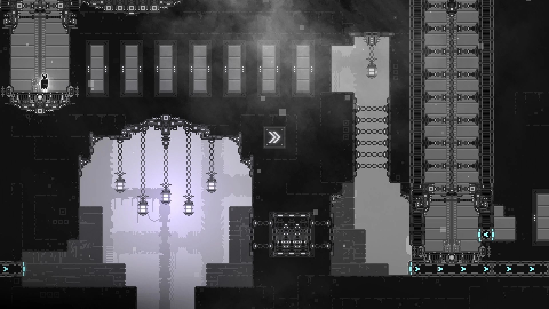 CHASM SHIFT: Player character stands on elevator platform in shadowy, intricate puzzle box chamber.