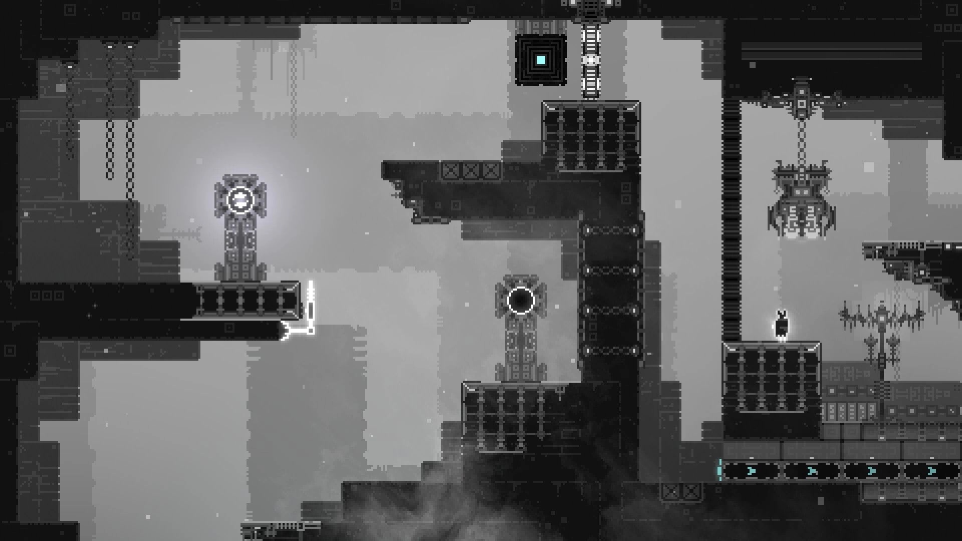 CHASM SHIFT: Character navigates a dimly lit puzzle platform with gears and chains in a pixelated dungeon.